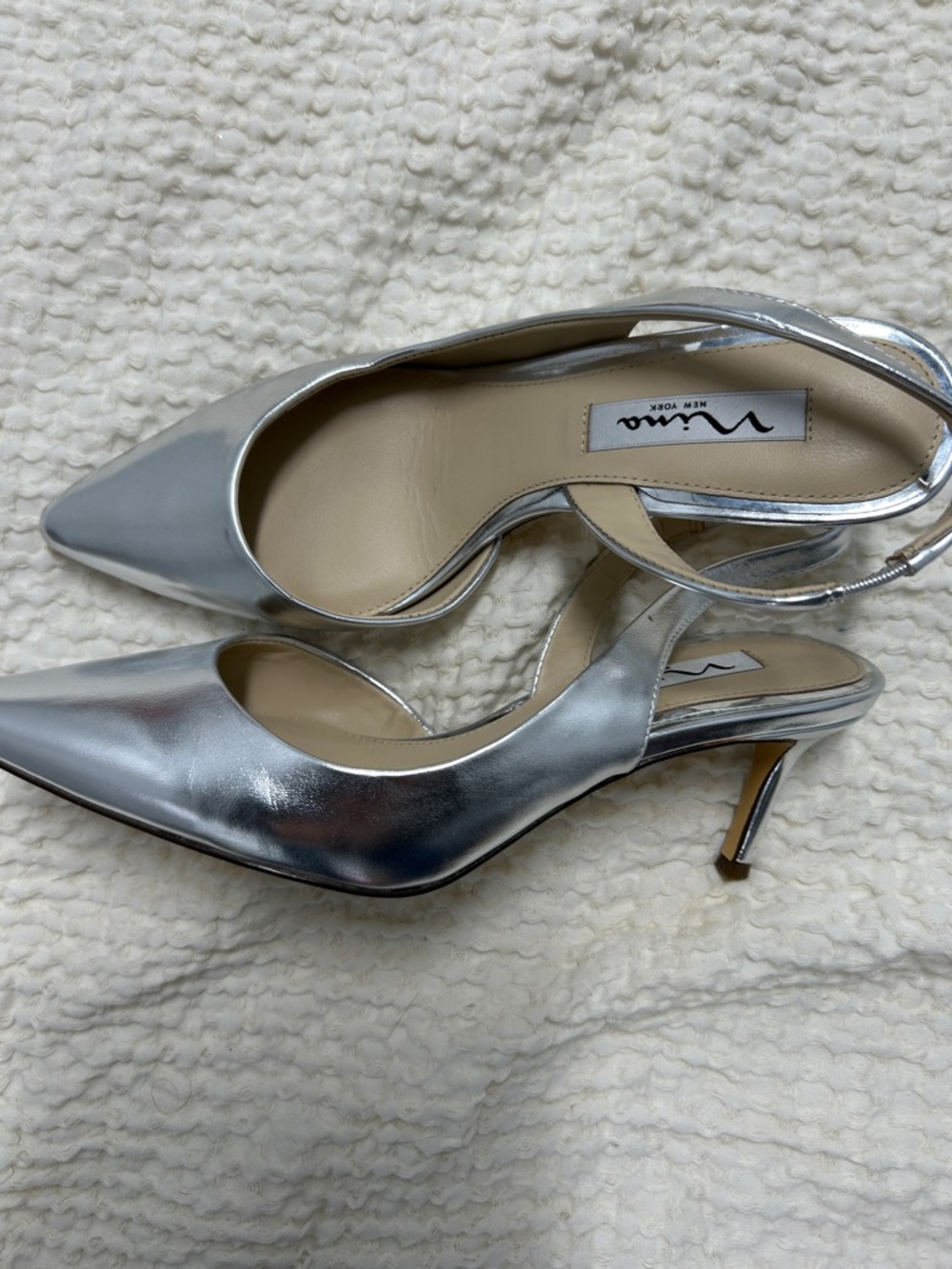Nina Metallic Silver Pointed-Toe Slingback Kitten Heels